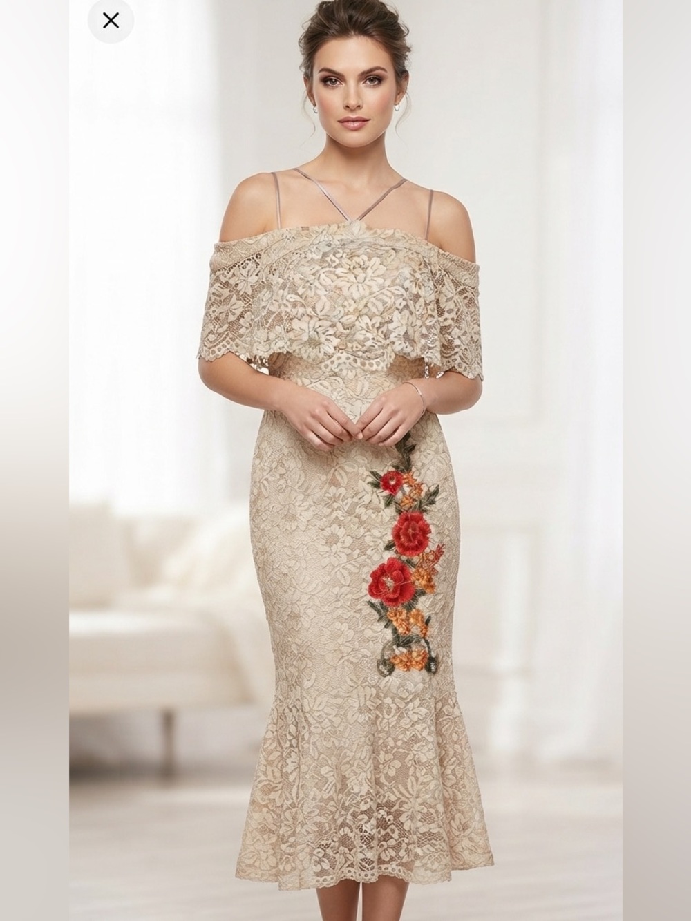 Nicole Miller New York Floral Embroidery Cream Guipure Midi Dress 10